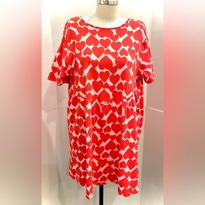ASOS Design Red and Pale Pink Heart Print Smock Dress with V-back, Size 10